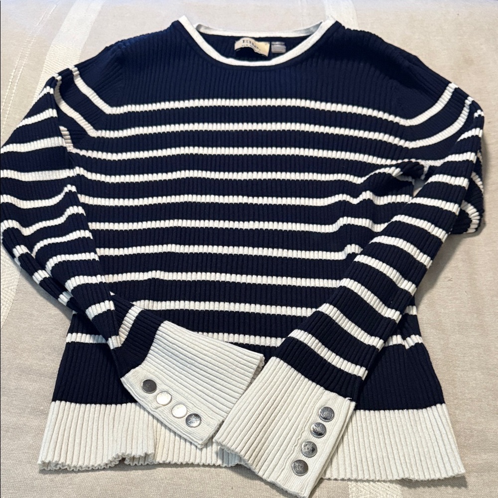 Elie Tahari Navy and White Striped Crew Neck Sweater